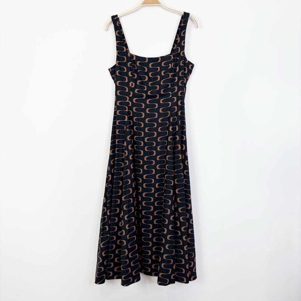 Christian Lacroix Linen‎ Blend A-Line Square Neck Midi Dress 8 Black Tan Retro